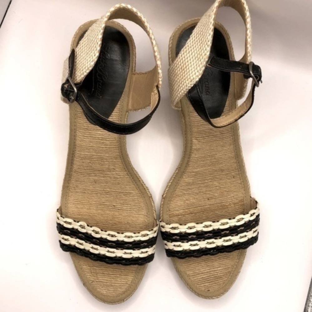 Lucky Brand ☘️ Wedges Espadrilles, Black & White Striped w/ Natural Fibers, 9.5